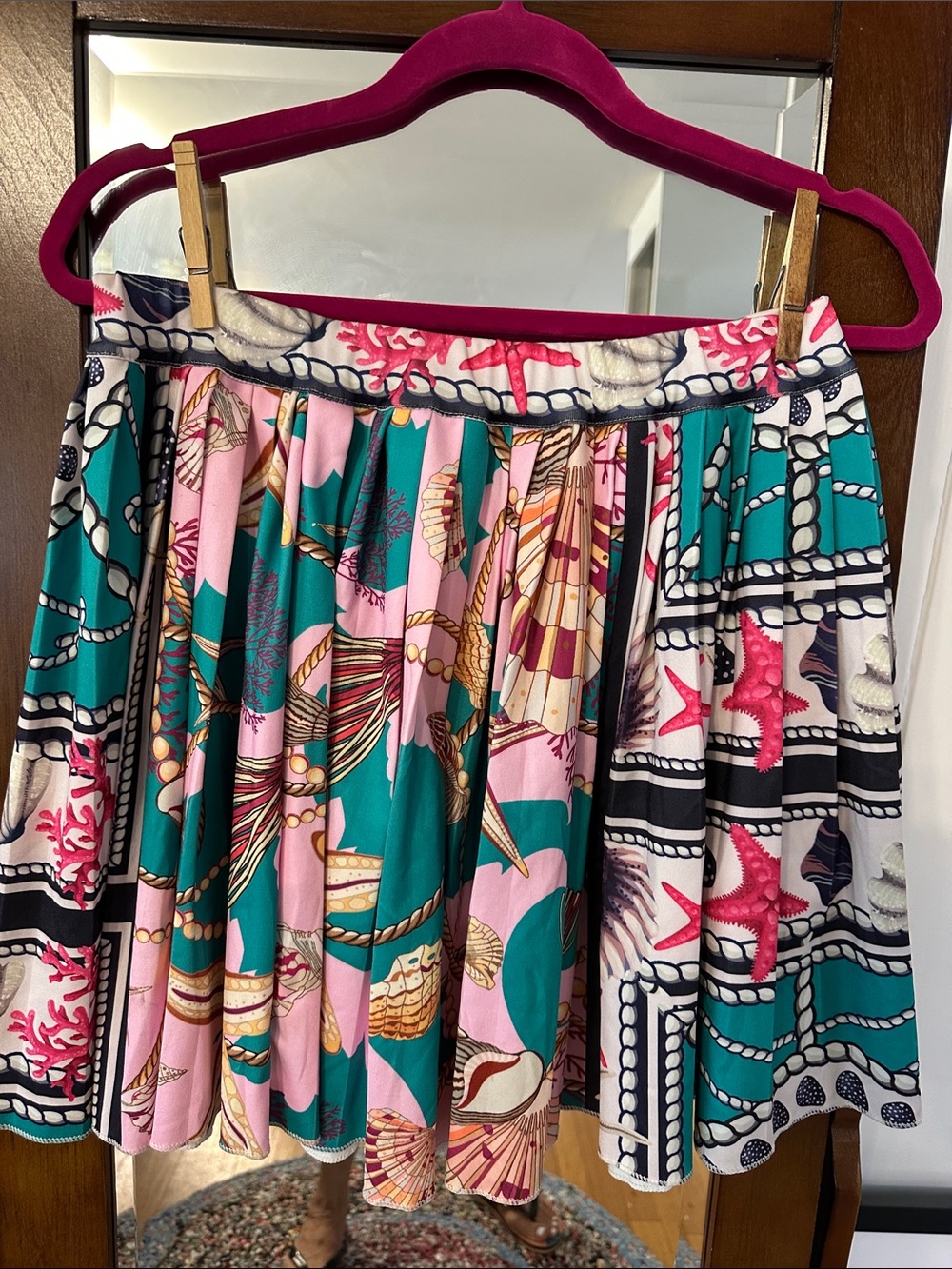 Wildly Colorful Women's Teal and Pink Printed Pleated Skirt